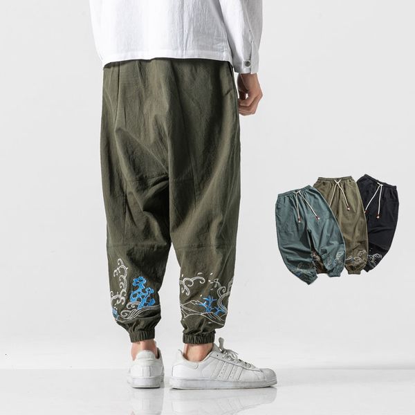 

2021 men's oversize vintage spring summer new embroidery casual trousers man chinese style fashion streetwear pants p29y, Black