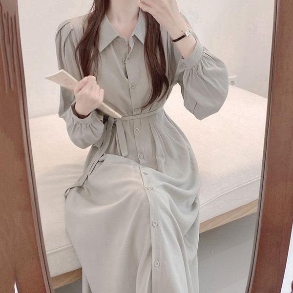 

coigarsam full sleeve women dress single breasted belt high waist turn-down collar dresses khaki celadon 2386, Black;gray
