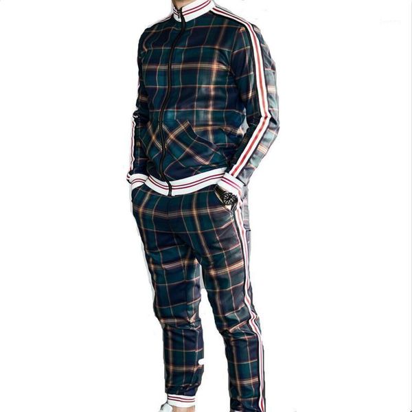 

autumn winter 2pc men's long-sleeve set tracksuit fashion plaid tracksuit casual sports clothing running sportswear striped suit1, Gray