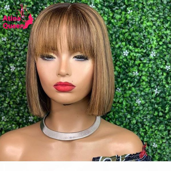 

transparent hd lace frontal wig preplucked with bangs blunt cut bob wig 13x4 highlight remy honey blonde short lace front wigs, Black