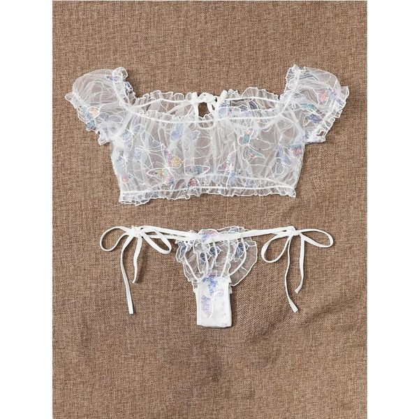 

white butterfly print bardot mesh lingerie set women 2020 see-through nightwear transparent and thongs erotic sets, Red;black