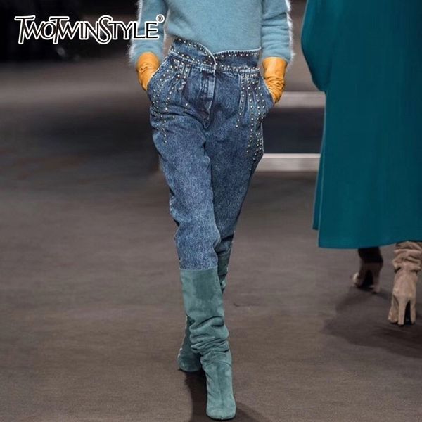

twotwinstyle denim trousers for women high waist patchwork heavy rivets long jeans female spring streetwear fashion tide y200417, Blue