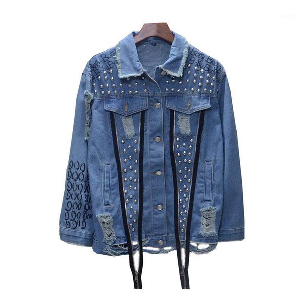 

aboorun rivet punk hip hop ripped denim jacket men oversized streetwear fashion jeans jacket for male long zippers r31181, Black;brown