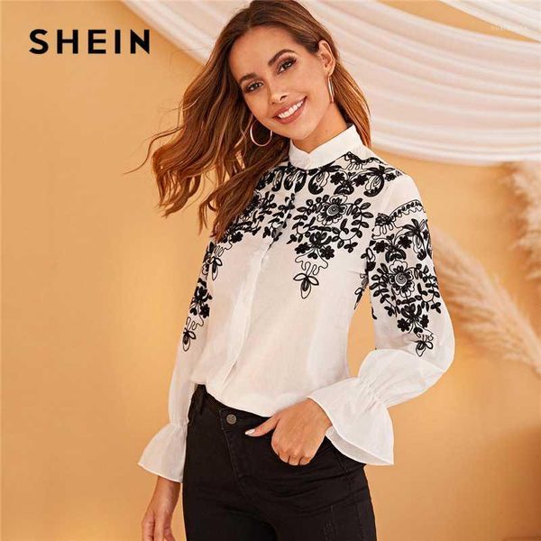 

shein black and white embroidery stand collar elegant shirt women 2020 autumn long sleeve office ladies blouse shirts1