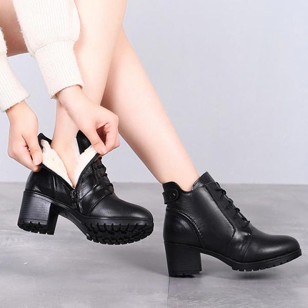 

boots yourseason ladies wool genuine leather 2021 women cross tied ankle winter platform thick shoes zipper round toe, Black