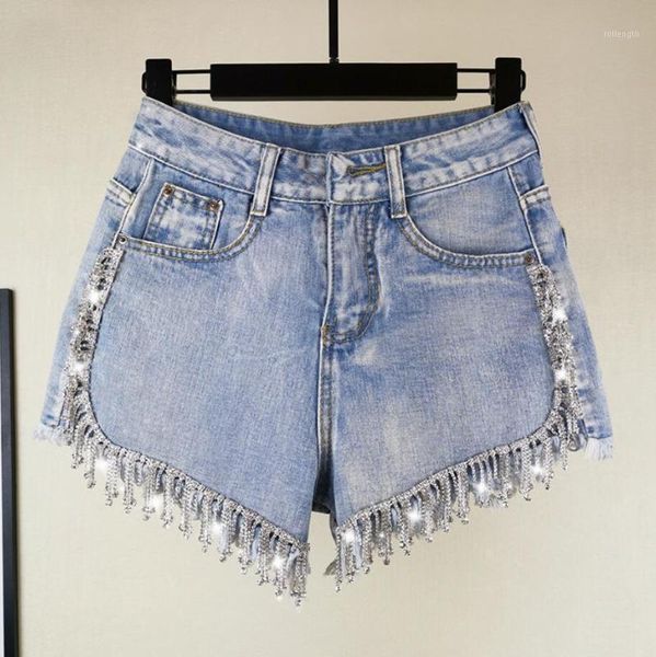 

rhinestone tassel high waist denim shorts 2020 women summer fashion diamonds heavy work wide leg jeans shorts q6311, White;black