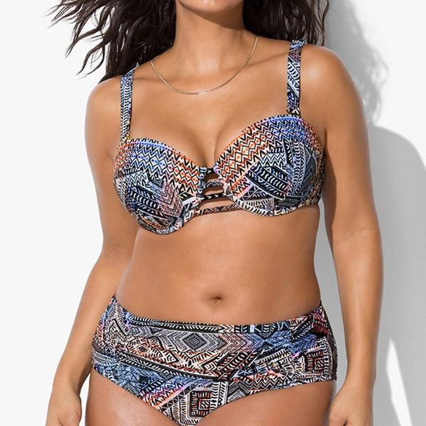 

women plus size bandage printing padded bra bikini split body swimsuit beachwear women's swimming suit 20201