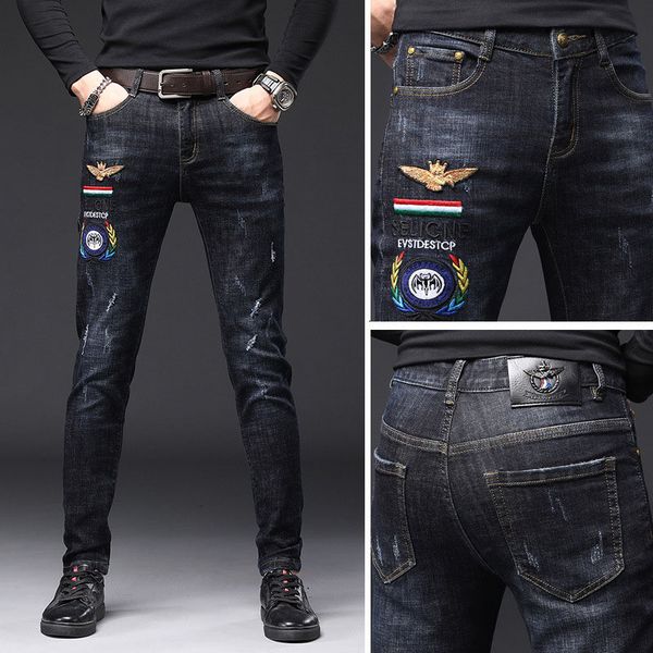 

20ss new designer men's jeans men's old denim high-quality fashion embroidered holes elastic blue black pants men's tight jea
