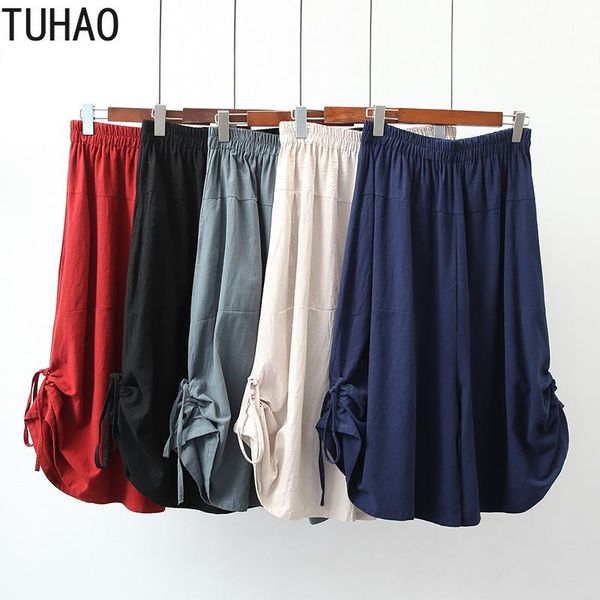 

tuhao plus size 3xl 2xl women's summer cotton and linen loose style cropped capris pants casual wide-leg pants for mother mom, Black;white