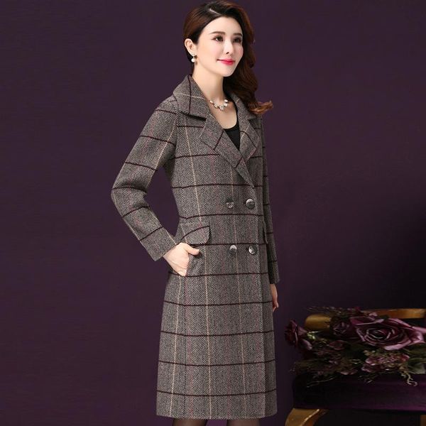 

new coat female autumn winter long lattice woolen coat fashion double-breasted cashmere coats large size middle age clothing, Black