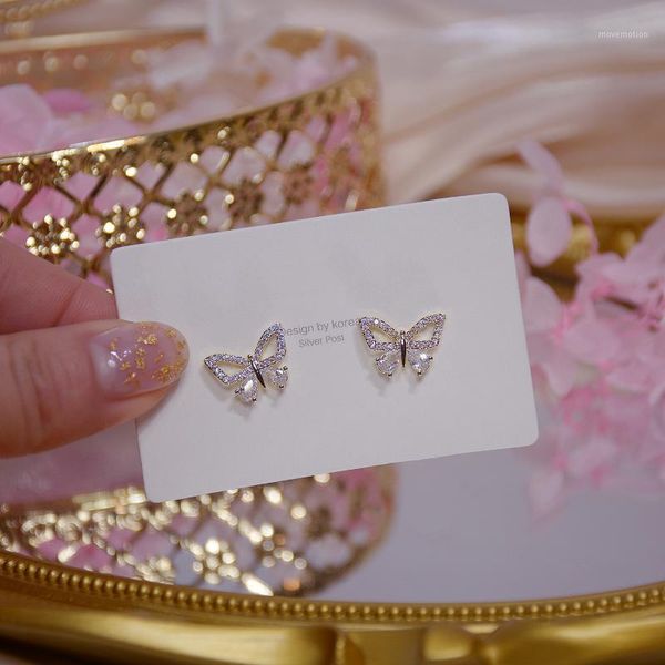 

shiny side fashion brand jewelry pierced zirconia butterfly stud earrings for women new style crystal earring1, Golden;silver
