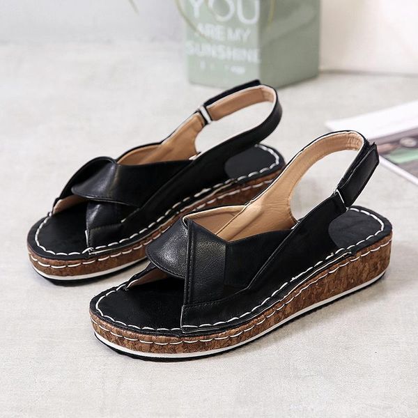 

sandals summer women's open toe retro buckle ladies slingbacks cross sewing wedge shoes female soft platform casual woman shoes1, Black