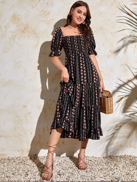 

allover floral shirred back ruffle trim dress e3mj#, Black;gray