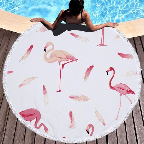

large oversized microfiber pink white feather flamingo animal round beach towel/bath girls kid women adults thick terry cloth1