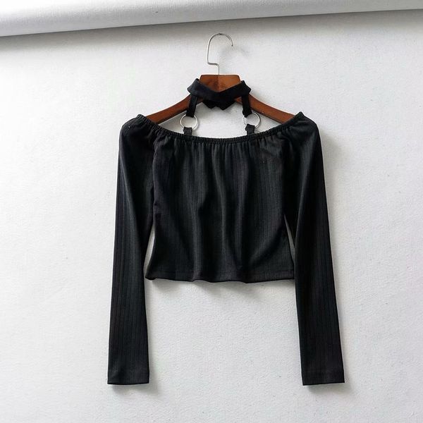 

2020 t-shirt spring new style one-line collar hanging neck backless solid color short long sleeve t-shirt l6fgy, White
