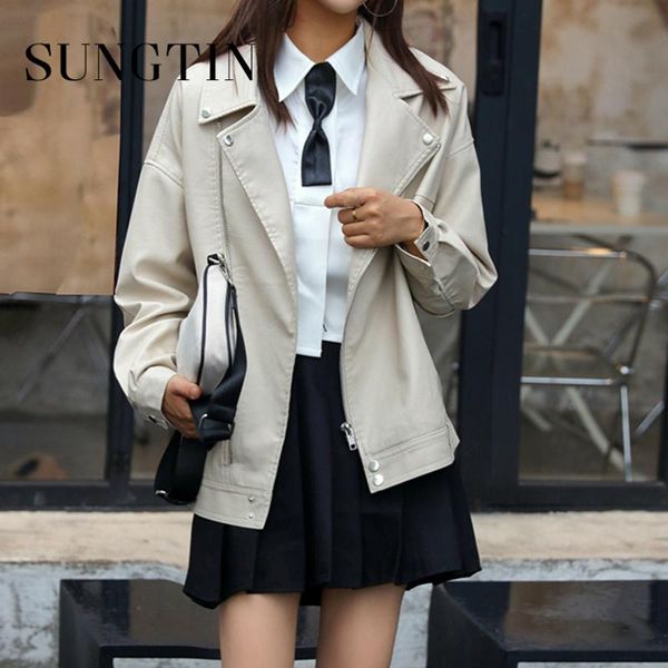 

sungtin faux leather jacket women black pu motorcycle jacket female loose streetwear casual outerwear korean chic