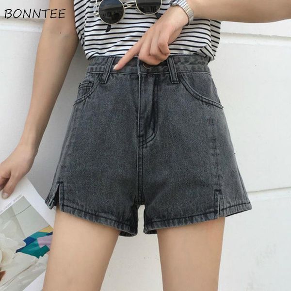 

shorts women korean fashion notched solid gray high waist female denim short leisure chic all-match clasic streetwear pockets, White;black