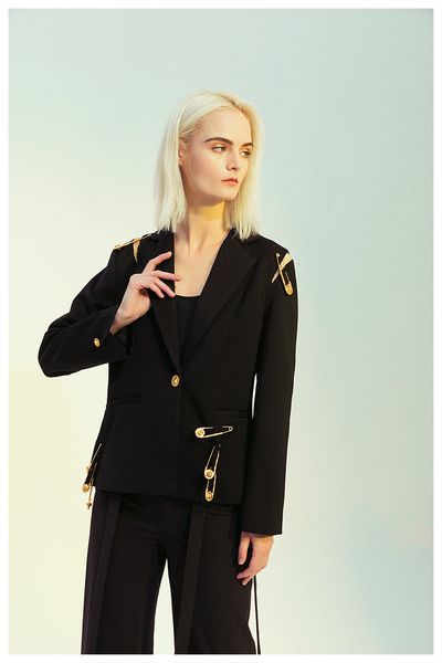 

new autumn winter women black blazers golden button pins blazer coat long sleeve slim office business suit jacket blazer top, White;black