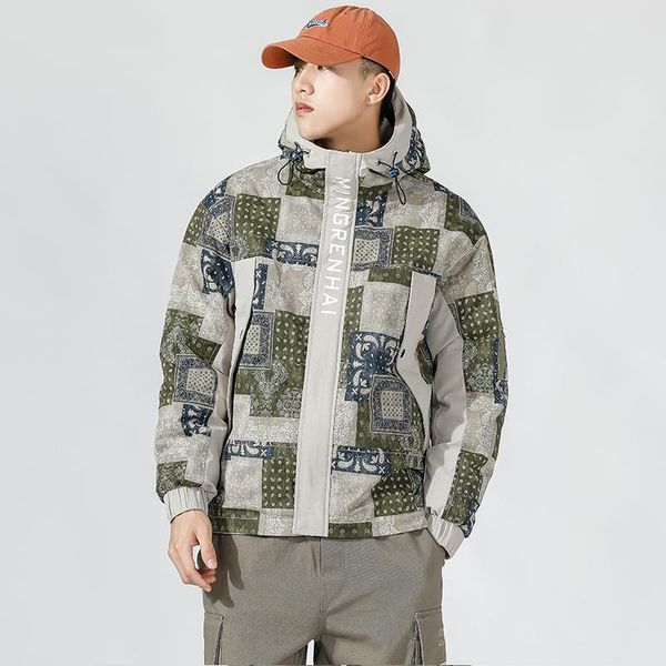 

зима хлопок-ватник мужчины кешью printed сгущает способа куртки slim fit теплый толстый с капюшоном молния верхняя одежда одежда мужской, Black