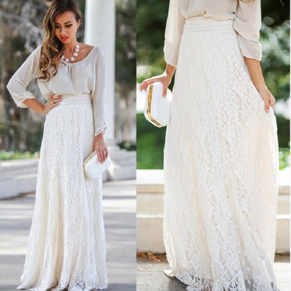 

women double lace layer chiffon pleated long maxi skirt elastic waist skirts solid white beige skirt, Black