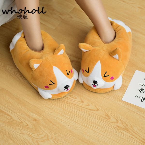 

homen slippers female winter plush corgi slippers warm women floor indoor shoes cute funny slippers flat zapatillas woman x1020, Black