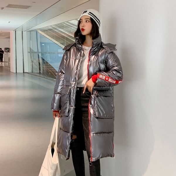 

jas fat size print 2020 winter long shining women kurtka korean style letter plus loose parka mujer hooded damska hispr, Black