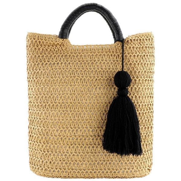 

fggs-2 color hollow fringed woven straw bag wooden handle natural color shopping bag woman fashion tassel messenger handba