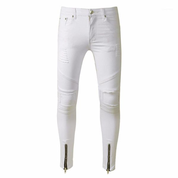 

2020 fashion casual leg zipper men's jeans men jeans white color ripped hole biker locomotive fold hip hop men1, Blue