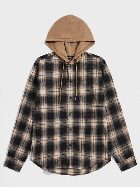 

men tartan print drawstring hooded shirt y64f#, White;black