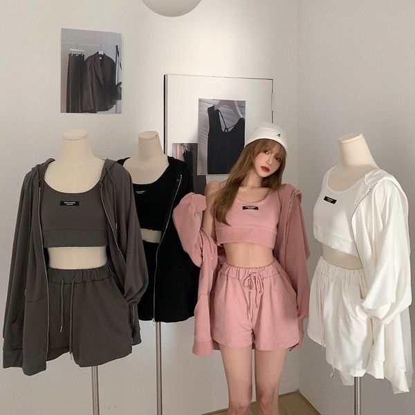 

2020 autumn new open navel vest casual sweater coat + sports shorts 3-piece fashion suit for women