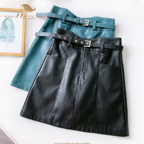

sishion autumn new women ladies pu leather skirt wf0168 black blue high waist punk mini a line short skirt1