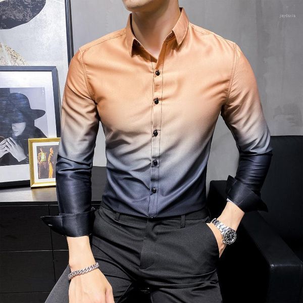 

business men dress shirt fashion 2020 long sleeve shirt men clothing slim fit gradient color formal wear blouse1, White;black