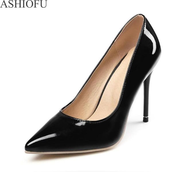 

ashiofu ladies high heel pumps patent leather party office dress shoes pointy club fashion dress evening court shoes, Black