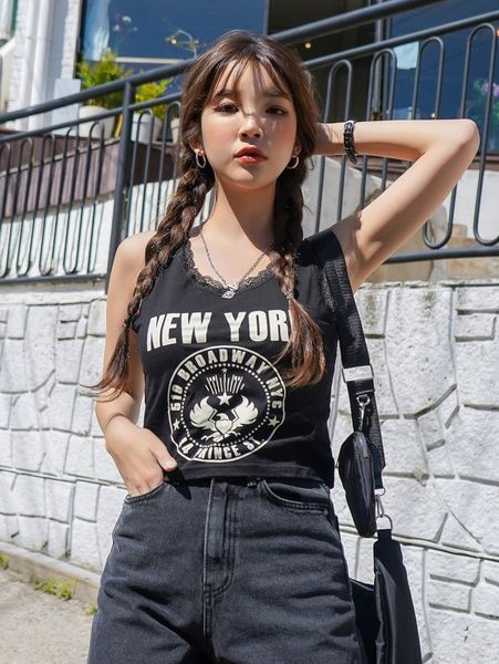 

dazy lace trim letter graphic tank y5tf#, White