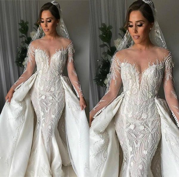 

gorgeous 2021 wedding dresses with detachable train beads appliques long sleeve mermaid wedding dress jewel neck custom made robe de mariee, White
