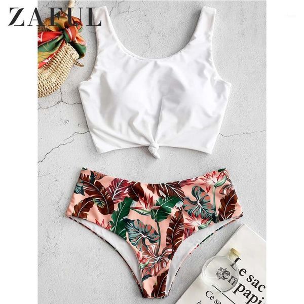 

zaful tankini tropical leaf knotted bikini set wire padded swim suit crop triangle shorts beach women summer swimwear1, White