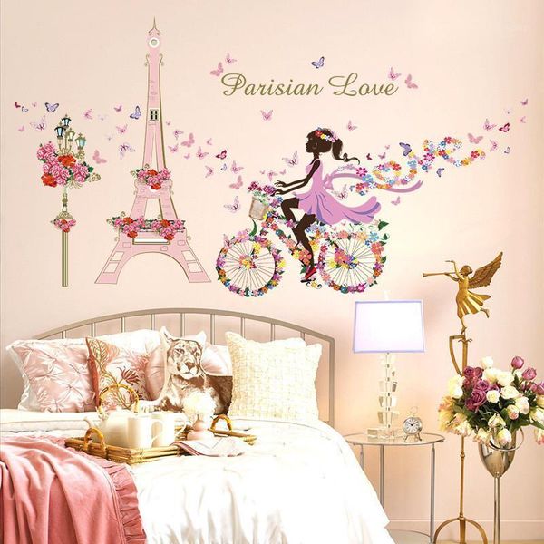 

romantic paris wall sticker for kids rooms eiffel tower flower butterfly fairy girl riding wall art decal home decor mural1