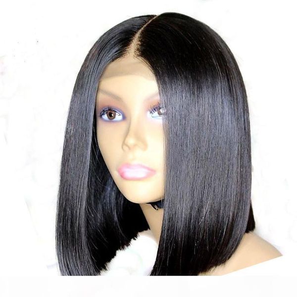 

8a lace front human hair wigs short bob wigs brazilian remy hair glueless pre plucked silky for women 150% 13x4 natural black color, Black;brown
