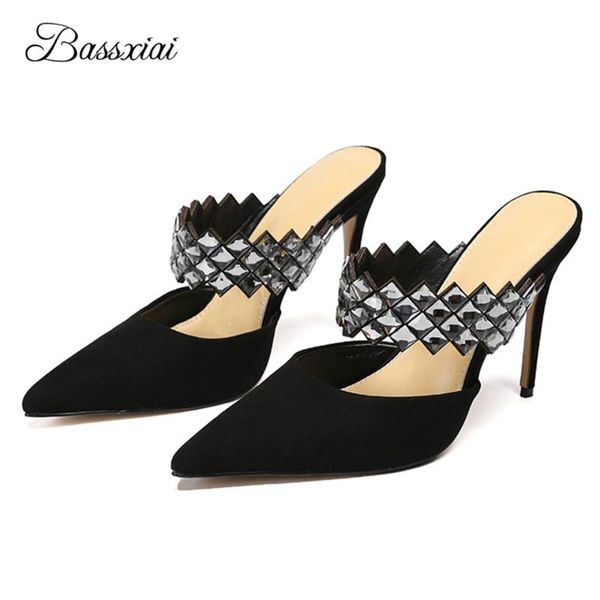 

sandals diamond crystal one-strap women 10cm thin high heels pointed toe luxury suede slingbacks runway mules for ladies, Black