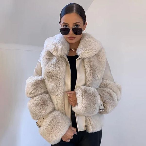 

katara мода твердого искусственного мех пальто женщина elegant zipper закрытие куртка женщина turn down воротник кожезаменитель толстого пал, Black