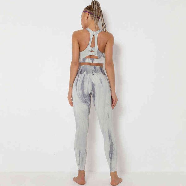 

women's tracksuits nude tie dye yoga back bra sports running tight suit female, Gray