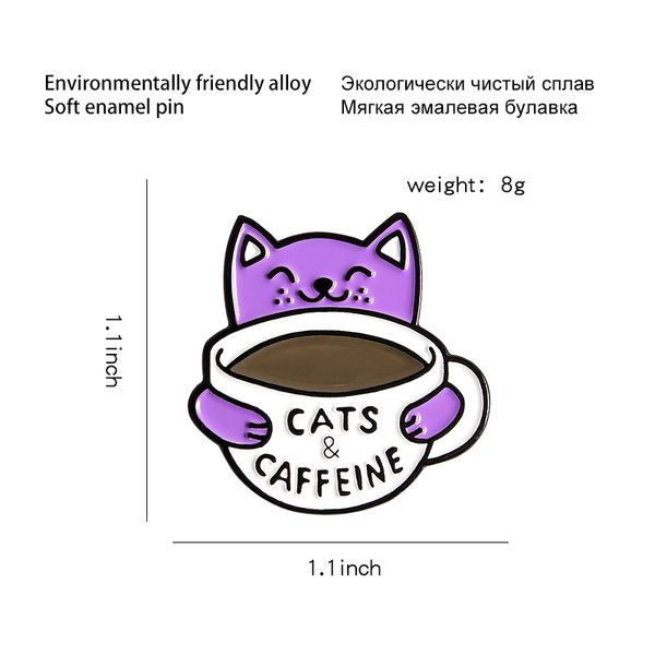 

cat coffee cup enamel custom brooches cats are like caffeine badge bag lapel buckle animal gift friends, Gray