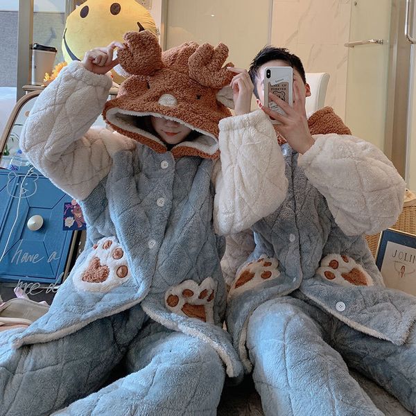 

winter couples warm pijama set 3-layer thick flannel sleepwear large size pajama women kigurumi lovers men home clothes gift xxl, Black;brown