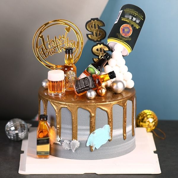

5598a decorative special simulation foreign bottle cake beer wine small glass bottle decoration men's cake beer wine plug-in mini whisk