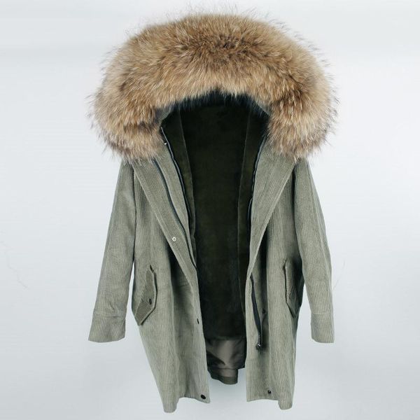

real fur coat 2021 new winter jacket coat women parka corduroy real raccoon fur collar warm thick lamm wool liner parkas1, Black