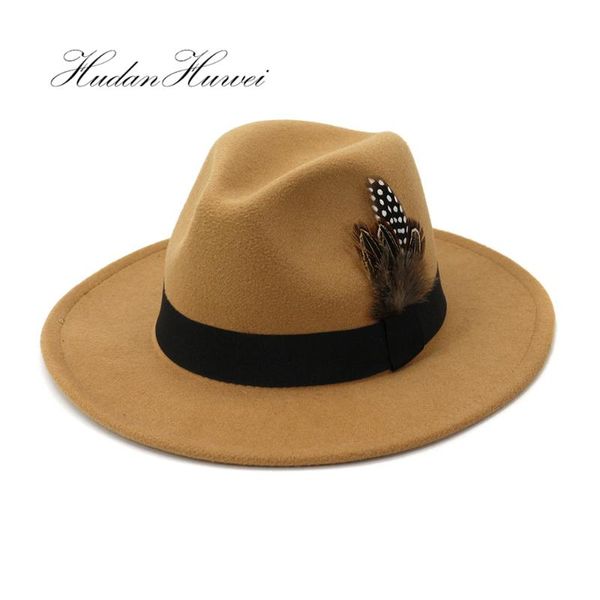 

горячий продавать unisex хлопок твердые мужчины женщины wollen войлок джаз fedora hat широкие брим перо пояса партии top caps, Blue;gray