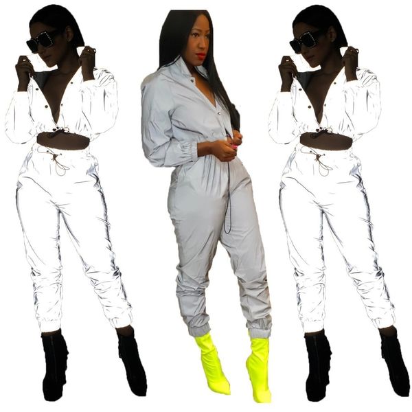 Tuta da donna riflettente a due pezzi Tuta sexy Crop Top e pantaloni Tute fluorescenti Abbigliamento 2 pezzi Club Abiti Jogger T200116