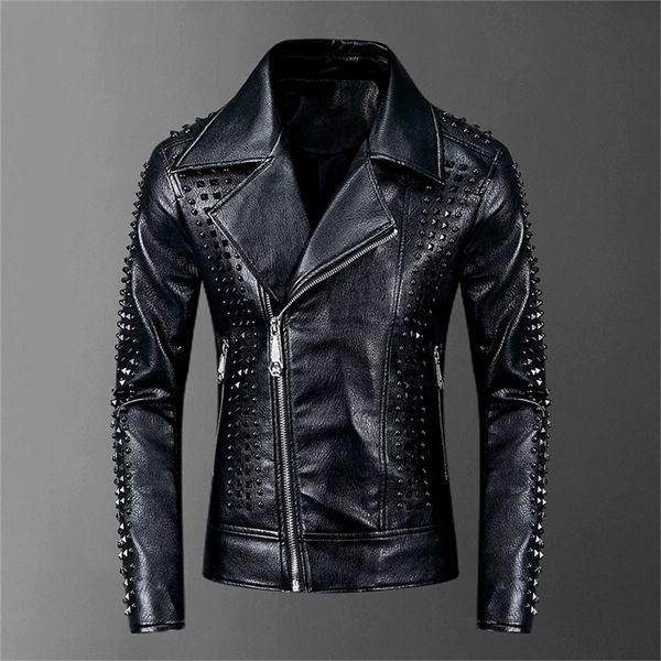

rivets pu jackets men black slim turn-down neck zipper full streetwear motorcycle faux leather coats casacas para hombre 201104, Black;brown