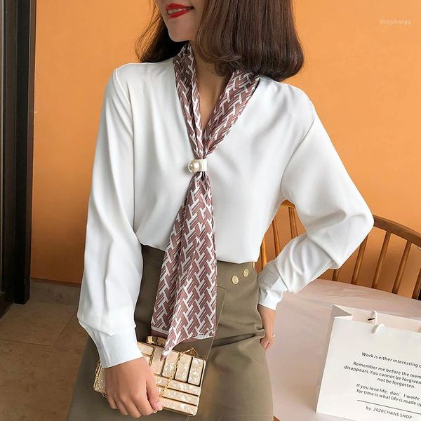 

ladies shirt women's 2020 spring new style loose-fit long sleeve elegant neckerchief white blouse office blouse women blusa1