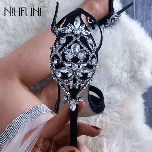 

niufuni pumps lady high heels sandals silver rhinestone wedding shoes women party pumps summer heeled sandals plus size 42 y200323, Black